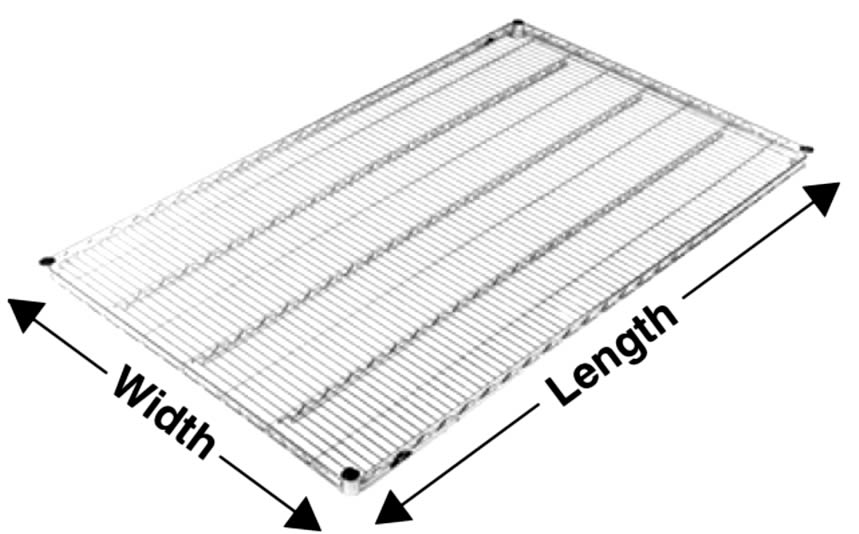 A piece of wire shelving is marked by width and length.
