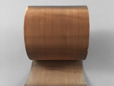 A narrow roll of copper wire cloth with blue background.