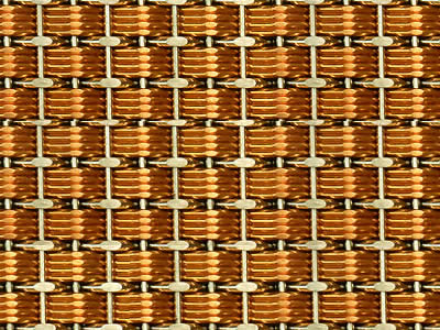 A brass opaque woven decorative mesh with raised wefts.