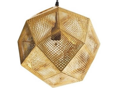 The picture shows that a brass perforated mesh polyhedron contains the lamp.