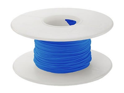 Blue insulated copper wire winds on white plastic spool.